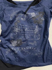 LIZAKOSHT - Retro Millennium Blue Fake Two Piece Halter Neck Letter Print T-Shirt Women Fashion Street Hot Girl Slim Fit Casual Y2K Top