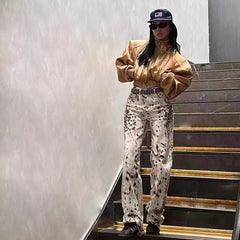 LIZAKOSHT - Retro Leopard Printed Wide Leg Jeans Y2k High Waist Button Baggy Trousers Unisex Hip-hop High Street Loose Denim Pants For Women