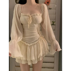 LIZAKOSHT - Korean Lace-up Pleated Solid Color Casual Long-sleeved Dress Women 2024 Spring New Off-the-shoulder Sexy Slim Elegant Mini Dress