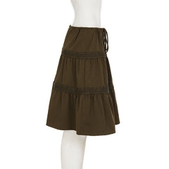 LIZAKOSHT - Vintage A-Line Beaded Tie-Waist Woven Skirt For Woman Chic Brown Lace Design Slim Mid-length Skirt Y2k Boho Clothes New