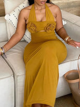 LIZAKOSHT - Solid Spliced Appliques Slimming Backless Dresses for Women Halter Sleeveless High Waist Temperament Dress Female Fashion