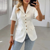 LIZAKOSHT  -  Single Breasted Short Sleeves Suit Jacket Woman Solid Color Slim Casual Coat Commuting Street Versatile Women's Fashion Jackets