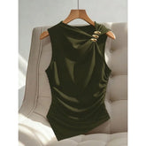 LIZAKOSHT - With Solid Color Irregular Folds Slanted Collar Top Women Summer Slimming Decoration Comfortable Casual Commuting Elegant Vest