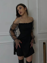 LIZAKOSHT - Women Black Gauze Bubble Sleeve Dress Chic Long Sleeves Strapless Off Shoulder A-line Mini Dresses Lady Evening Party Robe