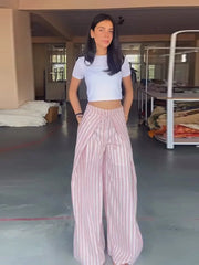 LIZAKOSHT - Pants Leg Stripe Women Trousers Adjustable Waist Wrap Loose Summer Floor Length Boho Palazzo Trousers Women Outfit For Women
