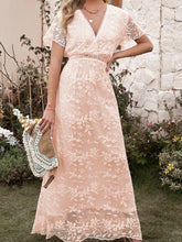 LIZAKOSHT - White Floral Embroidery Dress Women Summer Casual V Neck Short Sleeve Dress Elegant Fashion Lace Boho Beach Holiday Long Dresses