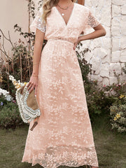 LIZAKOSHT - White Floral Embroidery Dress Women Summer Casual V Neck Short Sleeve Dress Elegant Fashion Lace Boho Beach Holiday Long Dresses