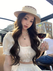 LIZAKOSHT - Cute Set Women's Summer Short-sleeved Square Collar Top High Waist A-line Skirt Two-piece Set Fashion Female Clothes