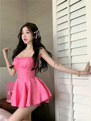 LIZAKOSHT - Women Sleeveless Off Shoulder Sweet Mini Dress Corset Boning Lace Jacquard Slim Fit Pink Sexy Strapless Summer Dress