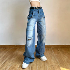 LIZAKOSHT  -  Vintage Washed Distressed Multi-pocket Cargo Pants Women Spring New High Waist All Match Casual Blue Wide Leg Jeans