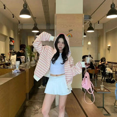 LIZAKOSHT - Korean Style Striped Sweater Jacket Hooded Cardigan Zipper Pocket Zipper New Loose And Versatile Long-Sleeved Sweet