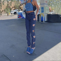 LIZAKOSHT - Y2K Heart-shaped High-waist Straight-leg Cut-out Ripped Jeans Women's Korean Slim-fit Trousers Casual Pants Summer Streetwear