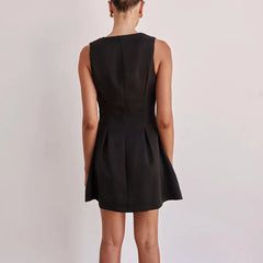 LIZAKOSHT - Casual high waisted A-line summer new dress, simple solid color slim fit women's short skirt V-neck sleeveless commuting dress