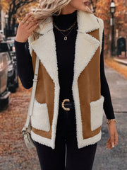 LIZAKOSHT - Full Size Contrast Open Front Sherpa Vest Coat