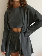 LIZAKOSHT - Waffle-Knit Round Neck T-Shirt, Open Front Cardigan and Shorts Set