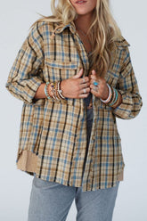 LIZAKOSHT - Drawstring Waffle Knit Patchwork Hooded Plaid Shacket