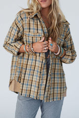 LIZAKOSHT  -  Drawstring Waffle Knit Patchwork Hooded Plaid Shacket