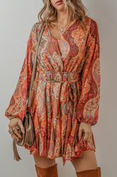 LIZAKOSHT  -  Tied Printed Balloon Sleeve Mini Dress