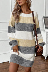 LIZAKOSHT - Color Block Boat Neck Long Sleeve Sweater Dress