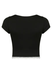LIZAKOSHT - Lace Detail Sweetheart Neck Short Sleeve T-Shirt