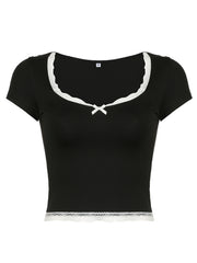 LIZAKOSHT - Lace Detail Sweetheart Neck Short Sleeve T-Shirt