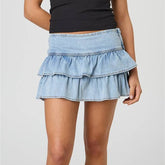 LIZAKOSHT - Women's Y2K-Inspired Low-Rise Ruffle Denim Mini Skirt - A-Line Cut, Light Wash Blue, Casual Tiered Hem, Machine Washable, Perfect for Spring/Summer, Spring Fashion | Tiered Hem Skirt | Polyester Denim, Denim Ski