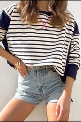 LIZAKOSHT - Exposed Seam Striped Long Sleeve Sweatshirt