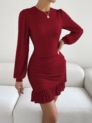 LIZAKOSHT  -  Ruffled Round Neck Long Sleeve Mini Dress