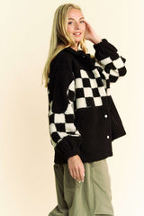 LIZAKOSHT - Full Size Checkered Snap Down Faux Fur Jacket