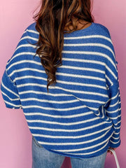 LIZAKOSHT - Plus Size Striped Round Neck Dropped Shoulder Sweater