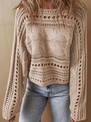 LIZAKOSHT - Hollow Out Cable-Knit Boat Neck Sweater