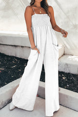 LIZAKOSHT - Smocked Spaghetti Strap Wide Leg Jumpsuit