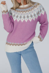 LIZAKOSHT - Geometric Round Neck Long Sleeve Sweater