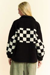 LIZAKOSHT - Full Size Checkered Snap Down Faux Fur Jacket