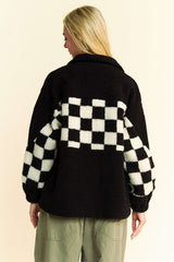 LIZAKOSHT - Full Size Checkered Snap Down Faux Fur Jacket
