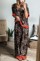 LIZAKOSHT  -  Contrast Trim Leopard Round Neck Top and Pants Lounge Set