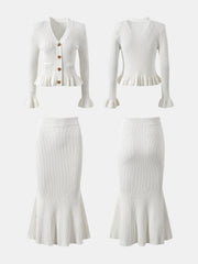 LIZAKOSHT - Ruffled V-Neck Top and Midi Skirt Sweater Set