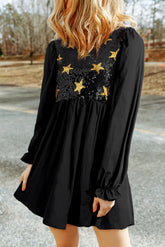 LIZAKOSHT  -  Sequin Star Round Neck Flounce Sleeve Mini Dress