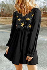 LIZAKOSHT - Sequin Star Round Neck Flounce Sleeve Mini Dress