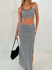 LIZAKOSHT - Perfee Striped Halter Neck Top and Slit Skirt Set