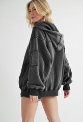 LIZAKOSHT  -  Exposed Seam Zip Up Drawstring Hooded Jacket