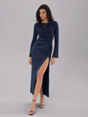 LIZAKOSHT - Split Round Neck Long Sleeve Midi Dress