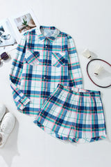 LIZAKOSHT - Plaid Snap Down Long Sleeve Top and Shorts Lounge Set
