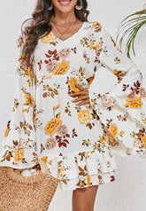 LIZAKOSHT - Printed V-Neck Flare Sleeve Mini Dress