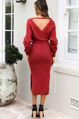 LIZAKOSHT - Surplice Neck Bow Waist Slit Sweater Dress