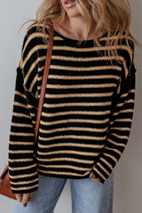 LIZAKOSHT - Stripe Drop Shoulder Round Neck Sweater