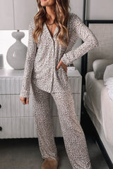 LIZAKOSHT  -  Leopard Button Down Long Sleeve Top and Pants Lounge Set