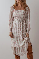LIZAKOSHT - Smocked Floral Square Neck Long Sleeve Midi Dress