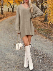 LIZAKOSHT - V-Neck Dropped Shoulder Sweater Dress