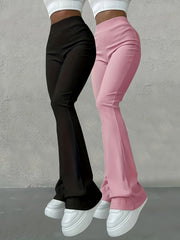 Lizakosht Solid Ribbed Flare Leg Pants 2 Pack, Casual High Waist Slim Elastic Pants, Women's Clothing